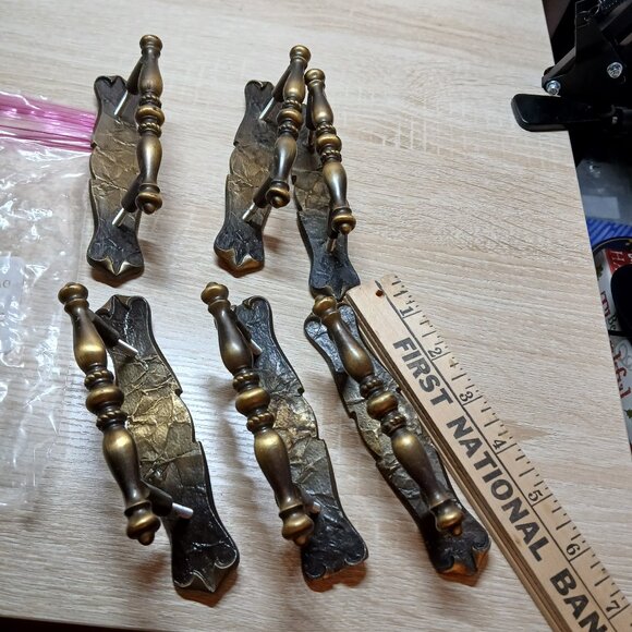 Vintage 1970s Amerock Brass Drawer Handles Pulls with Backplates 6 sets/pc #1CC - Picture 6 of 8